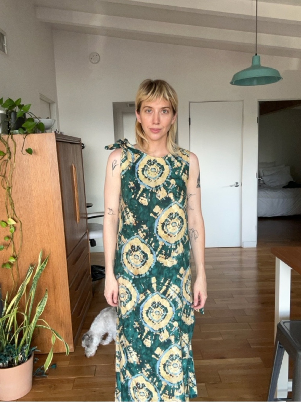 Zara Linen Green Tie-Dye Maxi Dress with Yellow Medallions